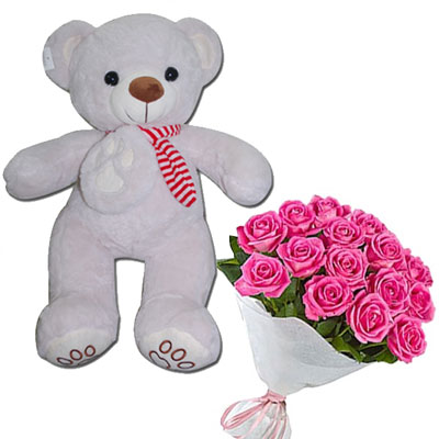 Teddy Bear Cream BST-9108, 15 Pink Roses Flower Bunch - send Love Bear n Flowers to India, Hyderabad | Us2guntur Teddy Bear Cream BST-9108, 15 Pink Roses Flower Bunch - send Love Bear n Flowers to India, Hyderabad | Us2guntur
