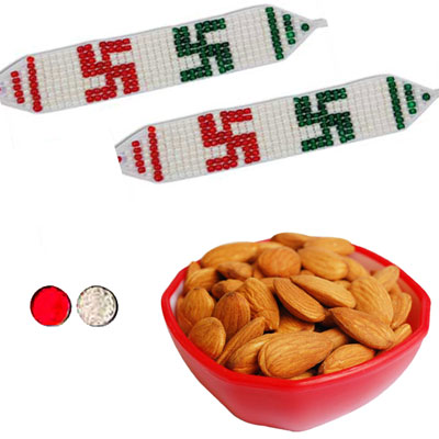 "Zardosi Rakhi - ZR-5120 -140- (2 RAKHIS),with Badam in Plastic Bowl - Click here to View more details about this Product