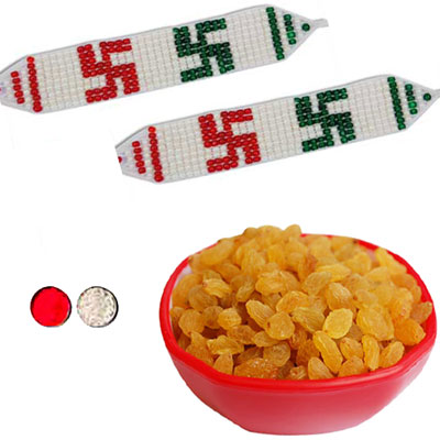 "Zardosi Rakhi - ZR-5120 -140- (2 RAKHIS),with Kismis in Plastic Bowl - Click here to View more details about this Product