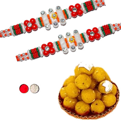 "Zardosi Rakhi - ZR-5360-288  (2 RAKHIS),with 500gms of Laddu Sweets - Click here to View more details about this Product