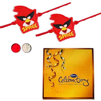 "Red Space Bird Kids Rakhi - KID-7050 -138- (2 RAKHIS),with Cadburys Celebrations chocolates box - Click here to View more details about this Product