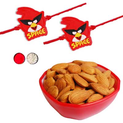 "Red Space Bird Kids Rakhi - KID-7050 -138- (2 RAKHIS),with Badam in Plastic Bowl - 180gms (including bowl) - Click here to View more details about this Product