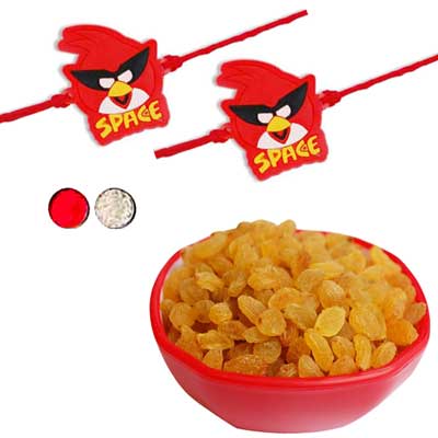 "Red Space Bird Kids Rakhi - KID-7050 -138- (2 RAKHIS),with Kismis in Plastic Bowl - 200gms (including bowl) - Click here to View more details about this Product