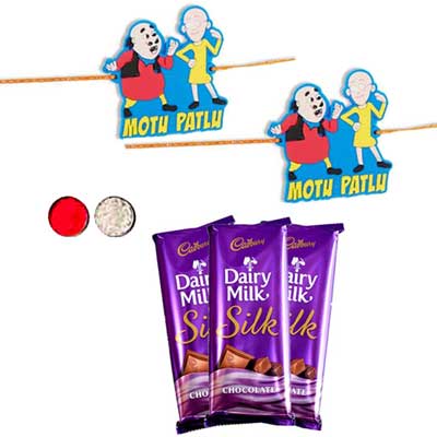 "Motu Patlu Kids Rakhi - KID-7160 -130- (2 RAKHIS),with Cadburys Dairy milk silk chocolates -3 bars - Click here to View more details about this Product