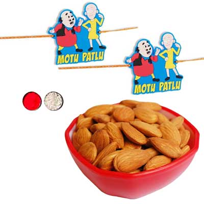 "Motu Patlu Kids Rakhi - KID-7160 -130- (2 RAKHIS),with Badam in Plastic Bowl - 180gms (including bowl) - Click here to View more details about this Product