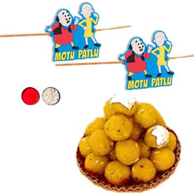 "Motu Patlu Kids Rakhi - KID-7160 -130- (2 RAKHIS),with 500gms of Laddu Sweet - Click here to View more details about this Product