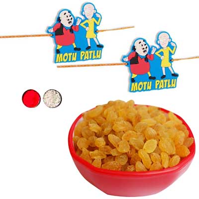 "Motu Patlu Kids Rakhi - KID-7160 -130- (2 RAKHIS),with Kismis in Plastic Bowl - 200gms (including bowl) - Click here to View more details about this Product