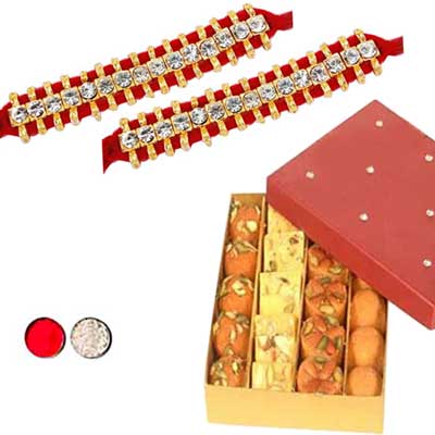 "Single Line Stone Studded Rakhi  - SR-9160 -268- (2 RAKHIS),with 500gms of Assorted Sweets - Click here to View more details about this Product
