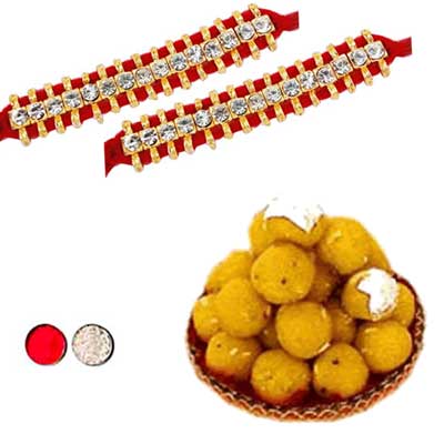"Single Line Stone Studded Rakhi  - SR-9160 -268- (2 RAKHIS),with 500gms of Laddu Sweet - Click here to View more details about this Product