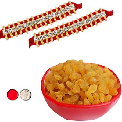 "Single Line Stone Studded Rakhi  - SR-9160 -268- (2 RAKHIS),with Kismis in Plastic Bowl - Click here to View more details about this Product