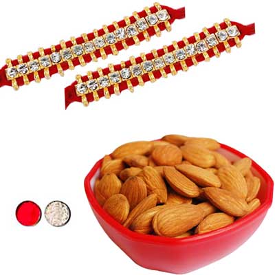 "Single Line Stone Studded Rakhi  - SR-9160 -268- (2 RAKHIS),with Badam in Plastic Bowl - Click here to View more details about this Product