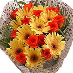 "Flower Basket with Roses, Gerberas, chrysanthemums and Fillers - Click here to View more details about this Product