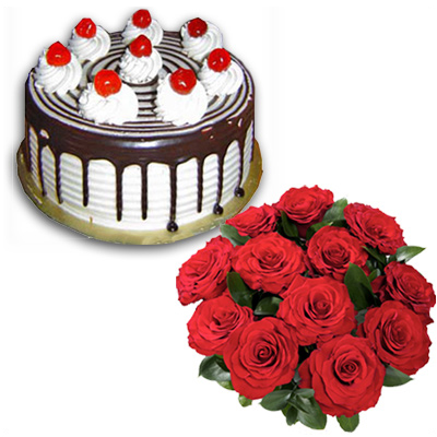 12 Red Roses Bouquet with Birthday Cake