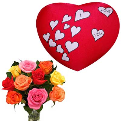 "Heart Shape Pillow - PST -736-004, 12 mixed roses Bunch - Click here to View more details about this Product