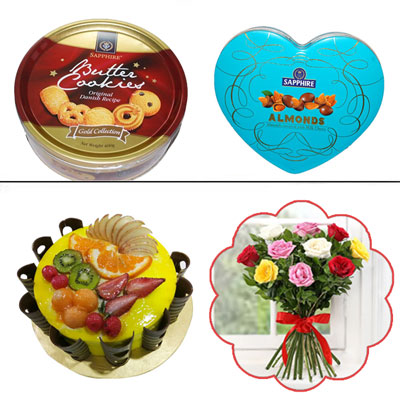 "Choco Nuts Cake - 1kg ,10 Mixed Roses bouquet - Click here to View more details about this Product