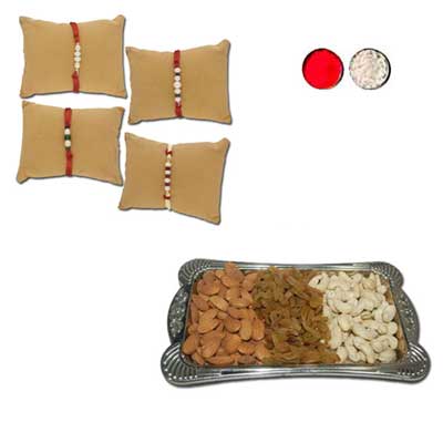 "Glimmering Pearl Rakhi Combo - JPRAK-23-09 (4 Rakhis), Dryfruit Thali - Code RD500 - Click here to View more details about this Product