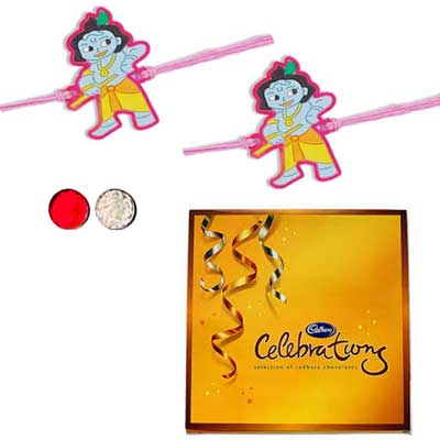 "Bal Gopal Kids Rakhi - KID-7040 - 066- (2 RAKHIS),with Cadburys Celebrations chocolates box 177.8 gms - Click here to View more details about this Product