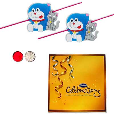 "Doraemon Kids Rakhi - KID-7180 -(2 RAKHIS),with Cadburys Celebrations chocolates box 170 gms - Click here to View more details about this Product