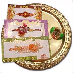"Three Fancy Rakhis with Brass Thali - Click here to View more details about this Product