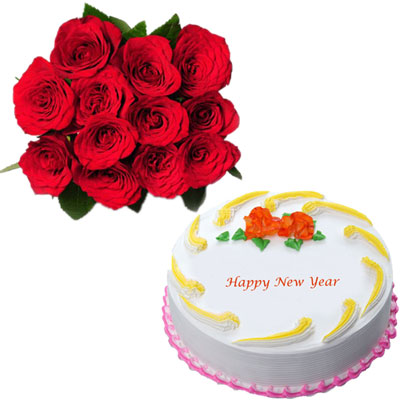 "Round shape vanilla cake - half kg + 12 red roses flower bunch - Click here to View more details about this Product