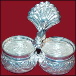 Peacock Stand Pasupu Kumkum Bowls - send Silver - Pooja Items to India